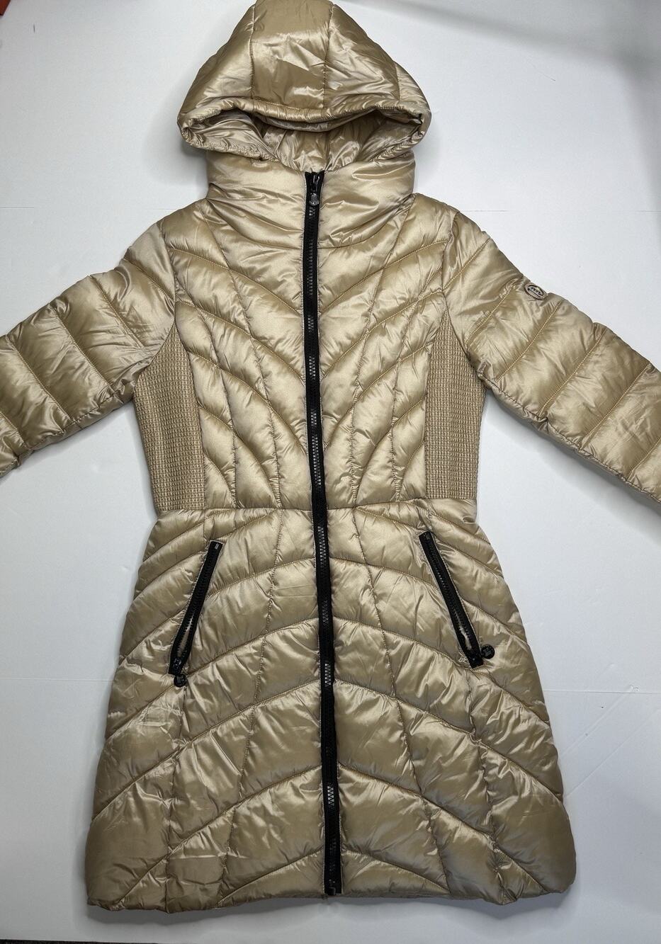 Bernardo Womens S Petite Champagne Gold Long Puffer Coat EcoPlume Hooded